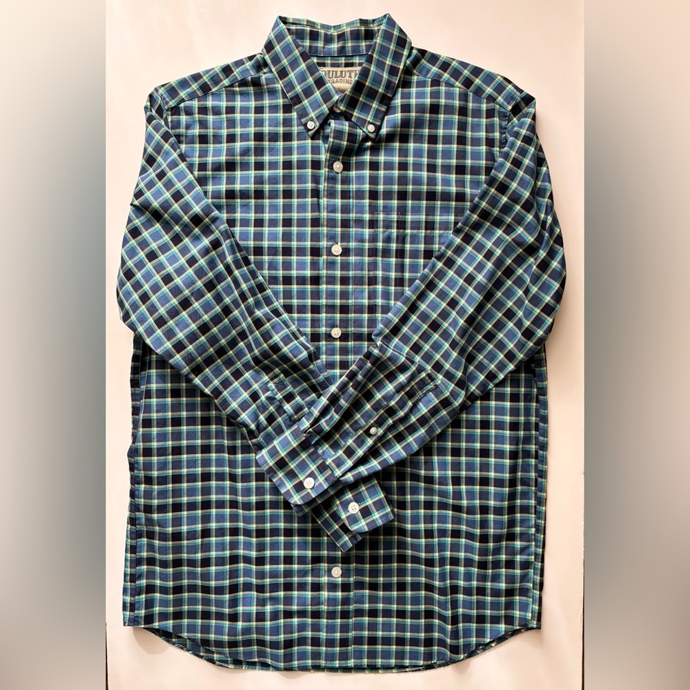 Duluth Trading Co Trim Fit Long Sleeves Blue Green Yellow Plaid Size Medium